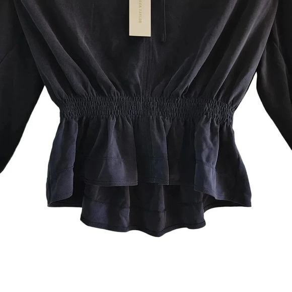 NWT Rebecca Taylor Ruffled Blouse Womens Size Small Navy Slit Neck Long Sleeve - Picture 9 of 10